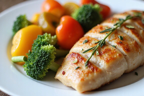 Imagen de un plato de comida saludable con verduras y proteínas magras