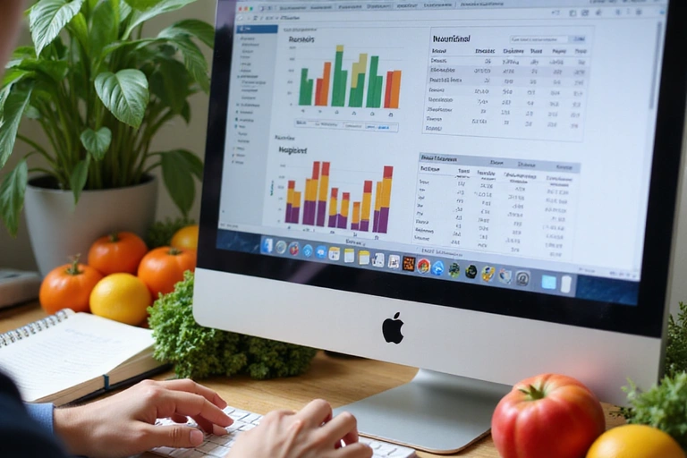 Gráficos y datos nutricionales en una pantalla de computadora, con alimentos saludables alrededor.